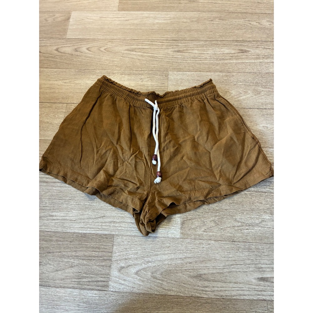 Zara Brown Linen Blend High Waisted Drawstring Shorts XL Tobacco Bead Detail